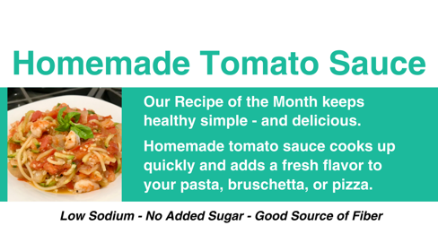 Picture of Top of Recipe Postcard with a picture of the dish plus the words: Homemade Tomato Sauce.