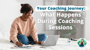 Picture of woman in a health coaching session, looking at open laptop while making notes.